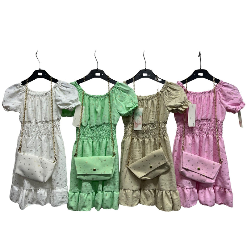 Girls Star Print Short Sleeve Dress With Matching Bag 9905