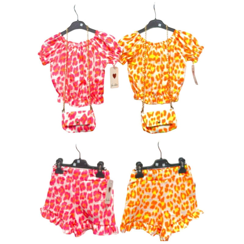 TTC DAISY Girls Cheesecloth Leopard Print Top And Shorts Set With Bag