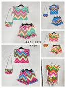 Girls Zig Zag Print Short Set With Matching Bag 2338