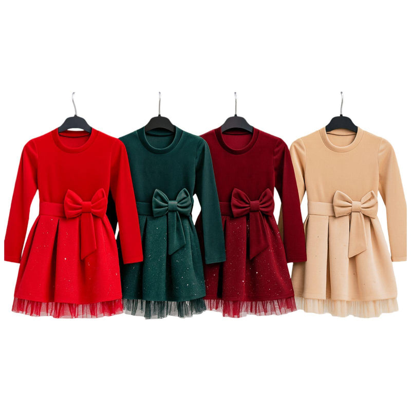 TTC MIA Girls Velour Sparkly Dress With Bow