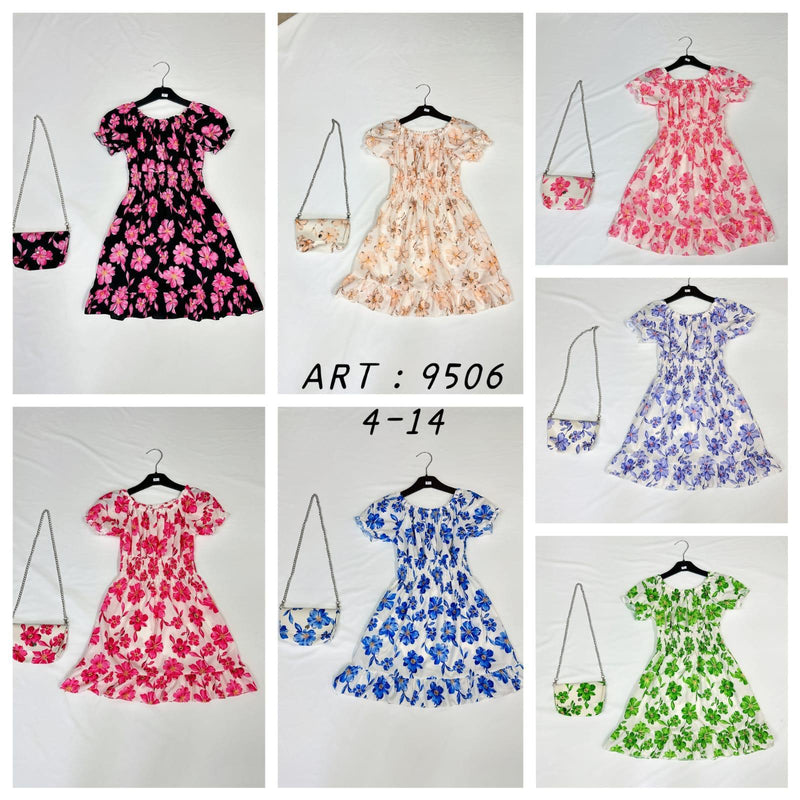 Girls Flower Print Dress With Matching Bag 9506