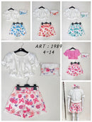 Girls Butterfly Flower Print Short Set With Matching Headband 1989