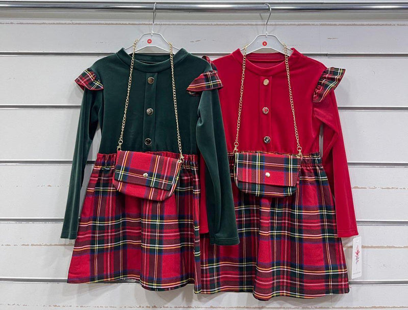 Girls Velour Button Detail Tartan Dress With Matching Bag 436