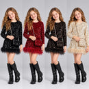 TTC 71104 Girls Sequin Velvet Top, Feather Trim Skirt & Bag Set