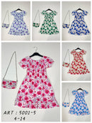 Girls Flower Print Dress With Matching Bag 5001-5