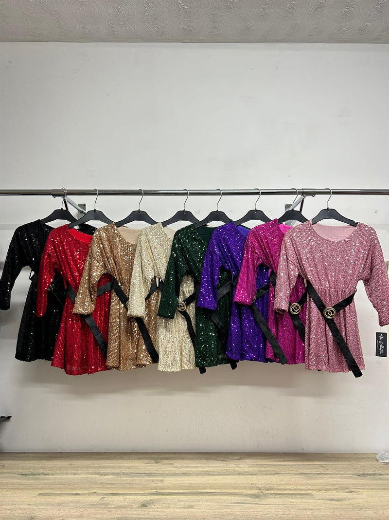 Girls Sparkly Sequin Dress With Belt