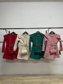 Girls Thick Ribbed Long Sleeve Belt Detail Dress With Matching Bag 8647