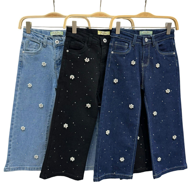 TTC MIKAELA Girls Flower Pearl Detail And Diamante Denim Jeans