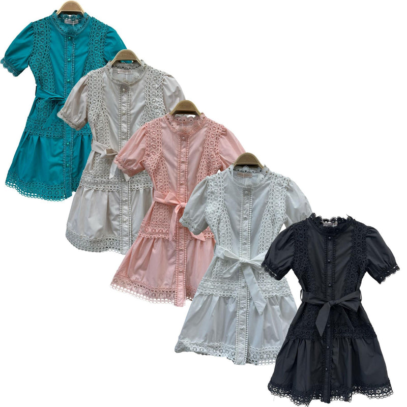Girls Lace Detail Pearl Button Up Dress R170