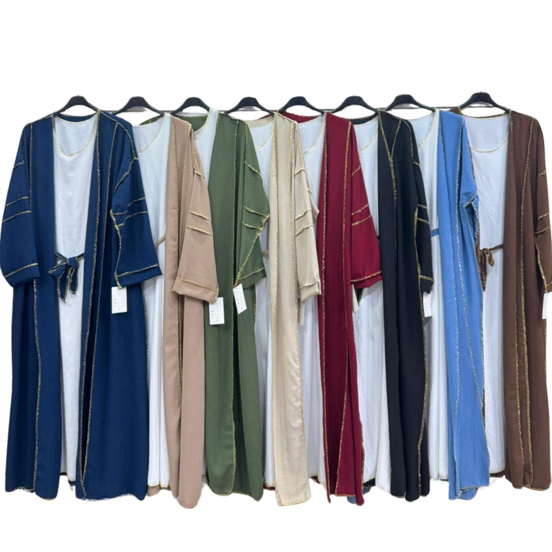 Ladies Gold Detail Abaya With Slip Dress And Belt 8779