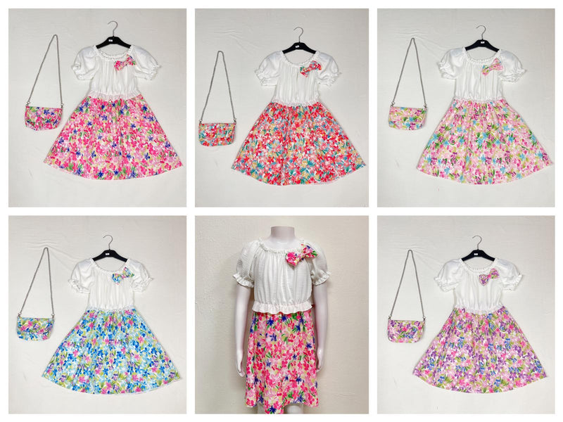 Girls Bow Detail Flower Print Dress With Matching Bag 1916