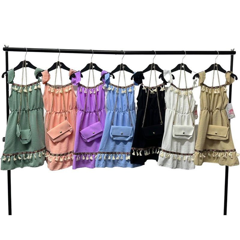 Girls Sleeveless Tassel Dress With Matching Bag