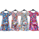 Girls Short Sleeve Flower Print Dress With Matching Bag 7120