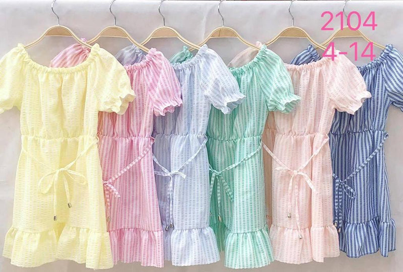 Girls Short Sleeve Striped Dress Tie Up