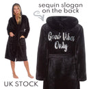 Ladies Hooded Fleece Plush Robe With Good Vibez Slogan
