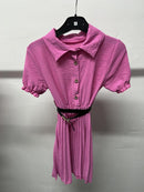 Girls Button Up Pleated Puff Sleeve Dress With Belt