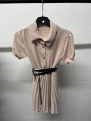 Girls Button Up Pleated Puff Sleeve Dress With Belt