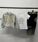 Girls 3 Piece Crop Hoodie T-Shirt And Legging Set Tiger Meander Print Grey