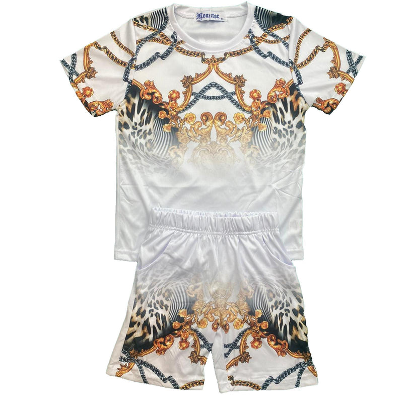 Boys Kids T-Shirt Shorts Set Baroque Print Sports Gym Outfit Summer Fashion