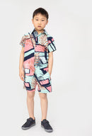Boys Shirt Swim Shorts Set Outfit Square Print Kids Short Sleeve Co-ord Summer