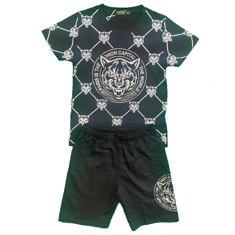 Boys Kids T-Shirt Shorts Set Diamante Tiger Print Fashion Summer Top And Short Set Outfit