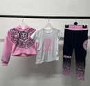 Girls 3 Piece Crop Hoodie T-Shirt And Legging Set Tiger Meander Print Pink