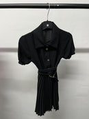 Girls Button Up Pleated Puff Sleeve Dress With Belt