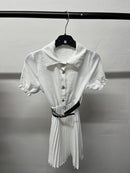 Girls Button Up Pleated Puff Sleeve Dress With Belt