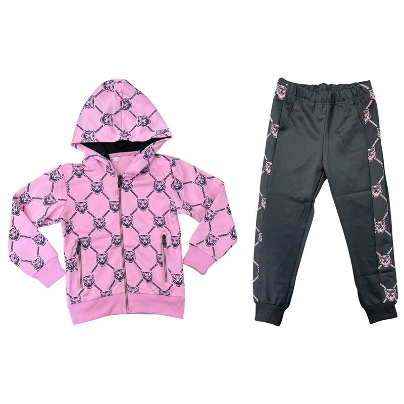 Girls Tiger Print Tracksuit Matching Jacket And Joggers