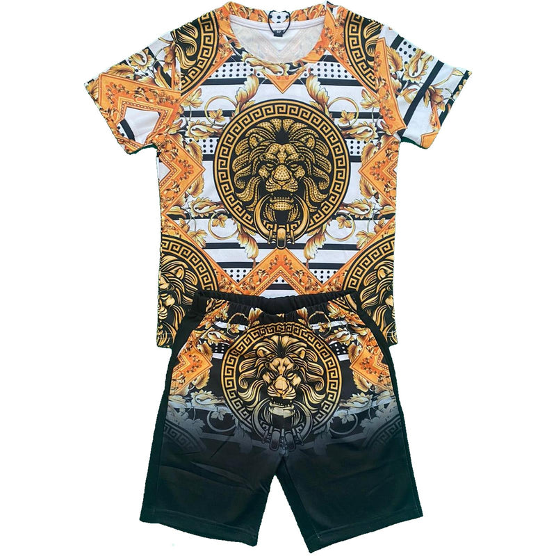 Boys Kids T-Shirt Shorts Set Baroque Chain Lion Print Fashion Summer Top Outfit
