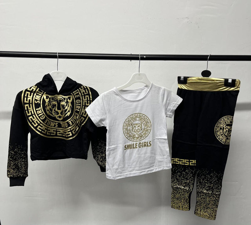 Girls 3 Piece Crop Hoodie T-Shirt And Legging Set Tiger Meander Print Black