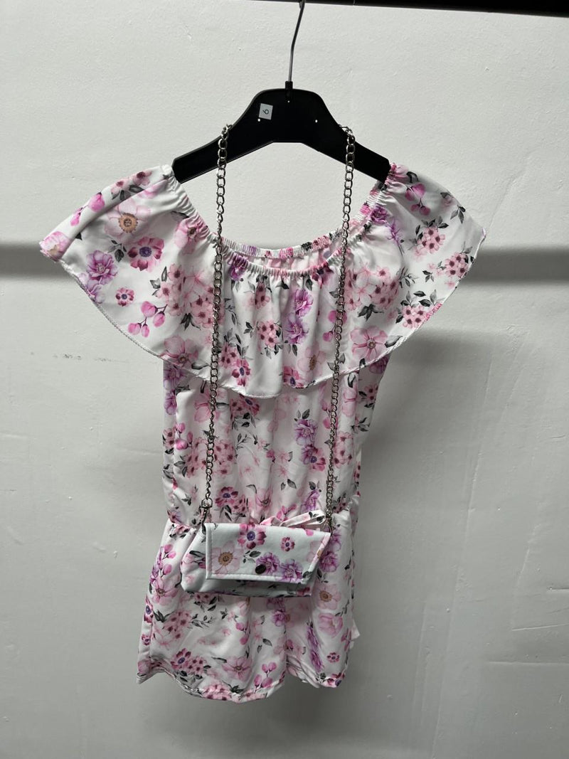 Girls Flower Print Playsuit With Bag