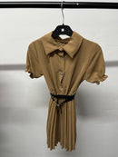 Girls Button Up Pleated Puff Sleeve Dress With Belt