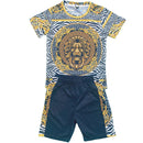 Boys Kids T-Shirt Shorts Set Baroque Lion Print Fashion Summer Top Outfit.