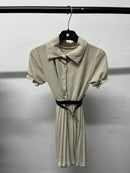 Girls Button Up Pleated Puff Sleeve Dress With Belt