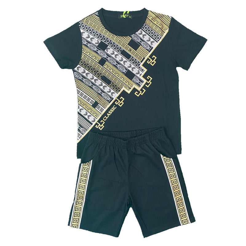 Boys Kids T-Shirt Shorts Set Baroque Chain Print Fashion Summer Top Short Set.