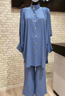 Ladies 2 Piece Button Up Top & Bottoms Set