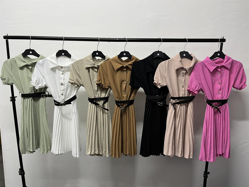Girls Button Up Pleated Puff Sleeve Dress With Belt