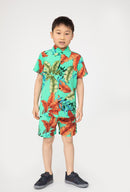 Boys Shirt Swim Shorts Set Outfit Leaves Print Kids Short Sleeve Co-ord Summer
