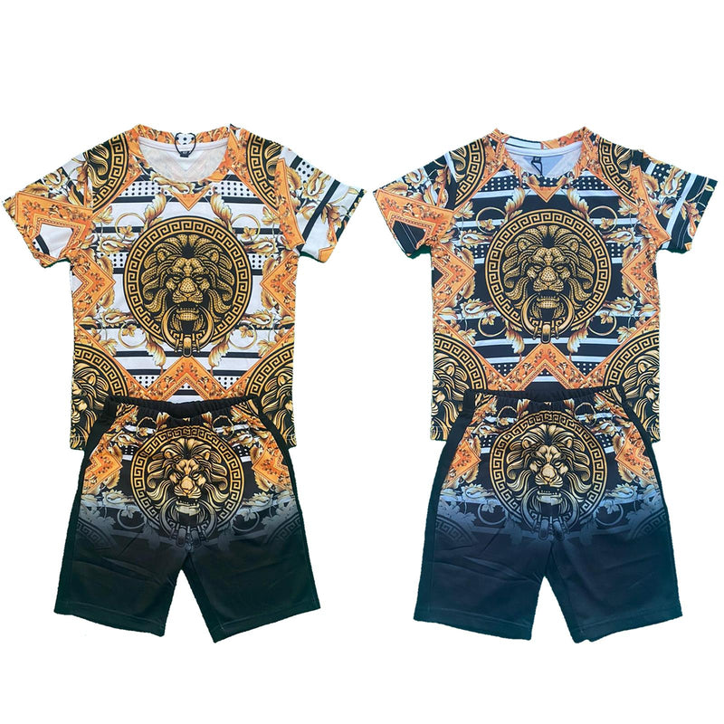 Boys Kids T-Shirt Shorts Set Baroque Chain Lion Print Fashion Summer Top Outfit