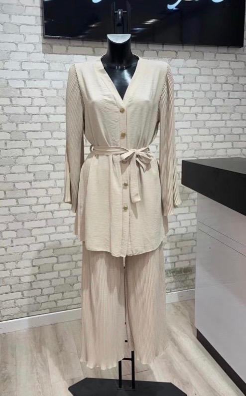 Ladies 2 Piece Button Up Belted Top & Bottom Set