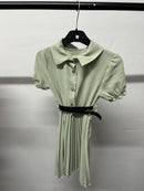 Girls Button Up Pleated Puff Sleeve Dress With Belt